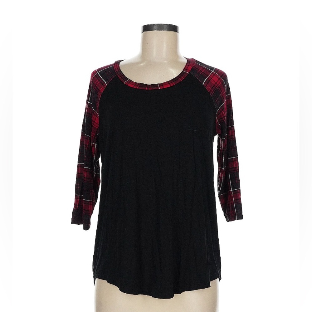 Torrid Shirt- Black and Red Plaid Sleeve Top